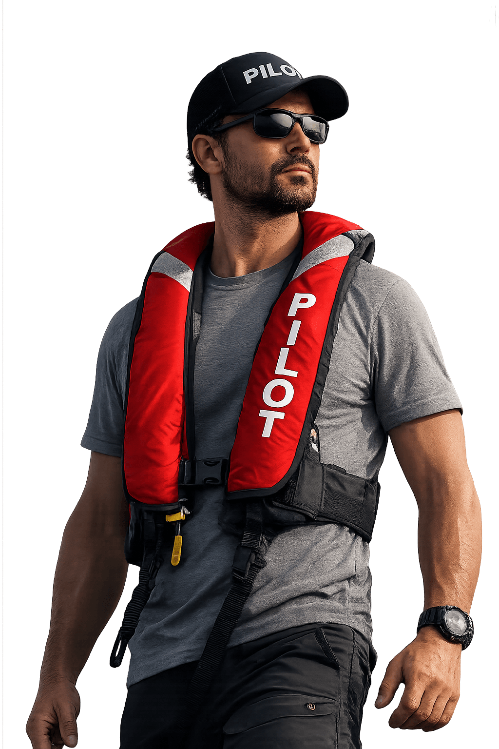 Piloto Full Ahead com boné e colete de prático